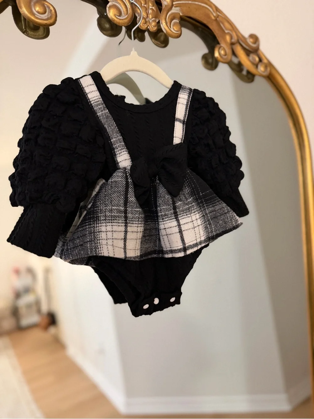 Black Knit Bubble Sleeve Dress + Plaid Pinafore Bodysuit Set